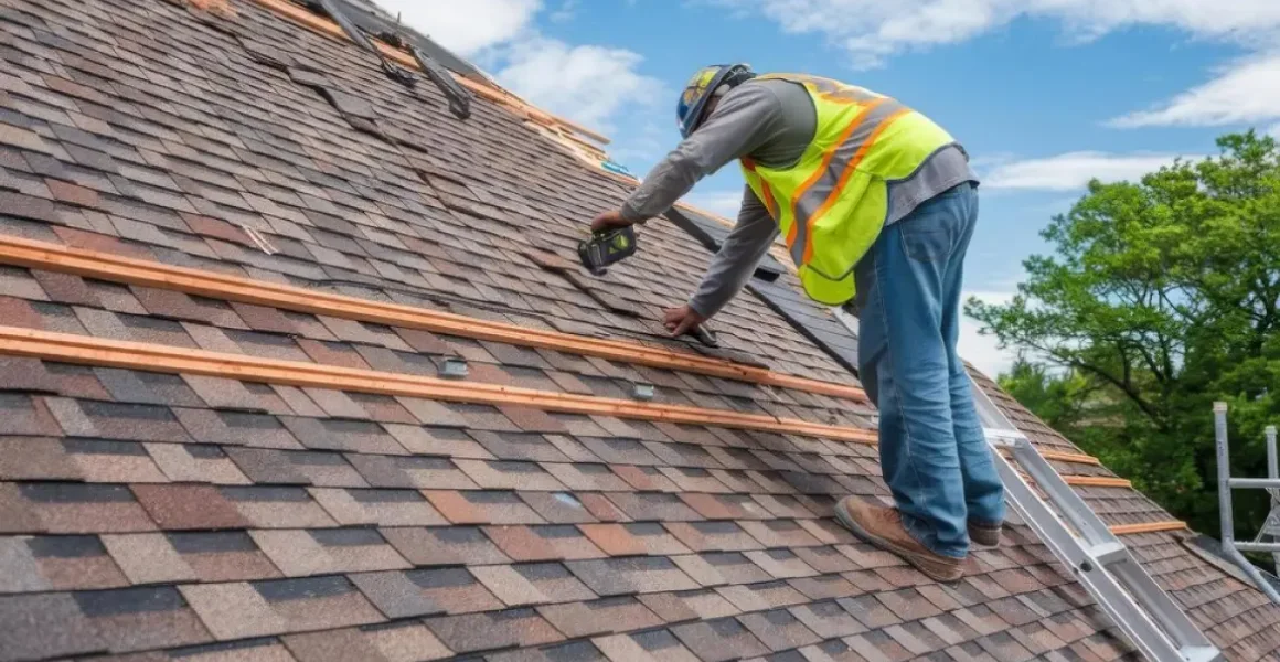 A roofing professional performing roof inspections for home sales in Garfield, NJ.